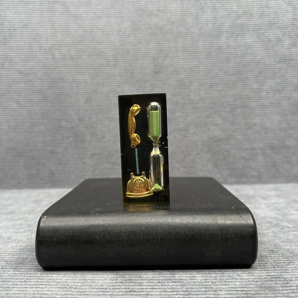Vintage Lucite Hourglass Paperweight Gold Rotary Phone Miniature Green Sand